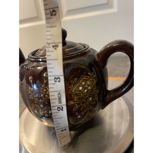 Vintage Moriage Redware Brown Betty Teapot w/ Lid Hand Painted Gold Trim Japan* - Picture 13 of 16